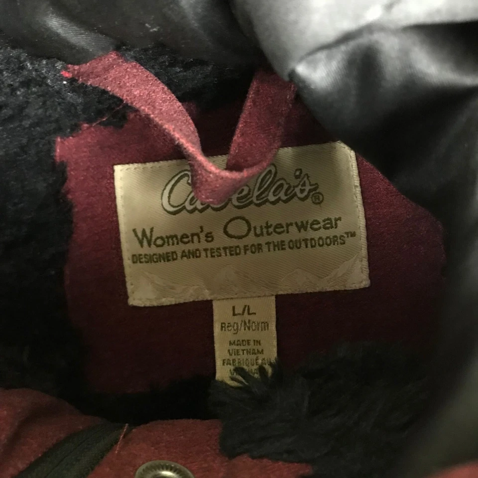 Cabelas Jacket Womens Large Red Toggle Button Lined Hooded Coat Outerwear - Image 2 of 4