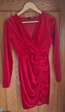QUIZ Stunning New  Red Velvet Faux Wrap Ruched Dress Bnwt bodycon Size 8