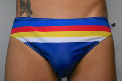 Men's Swim Briefs 70's looking Rainbow Bikini for Tanning Vacation Pool Party