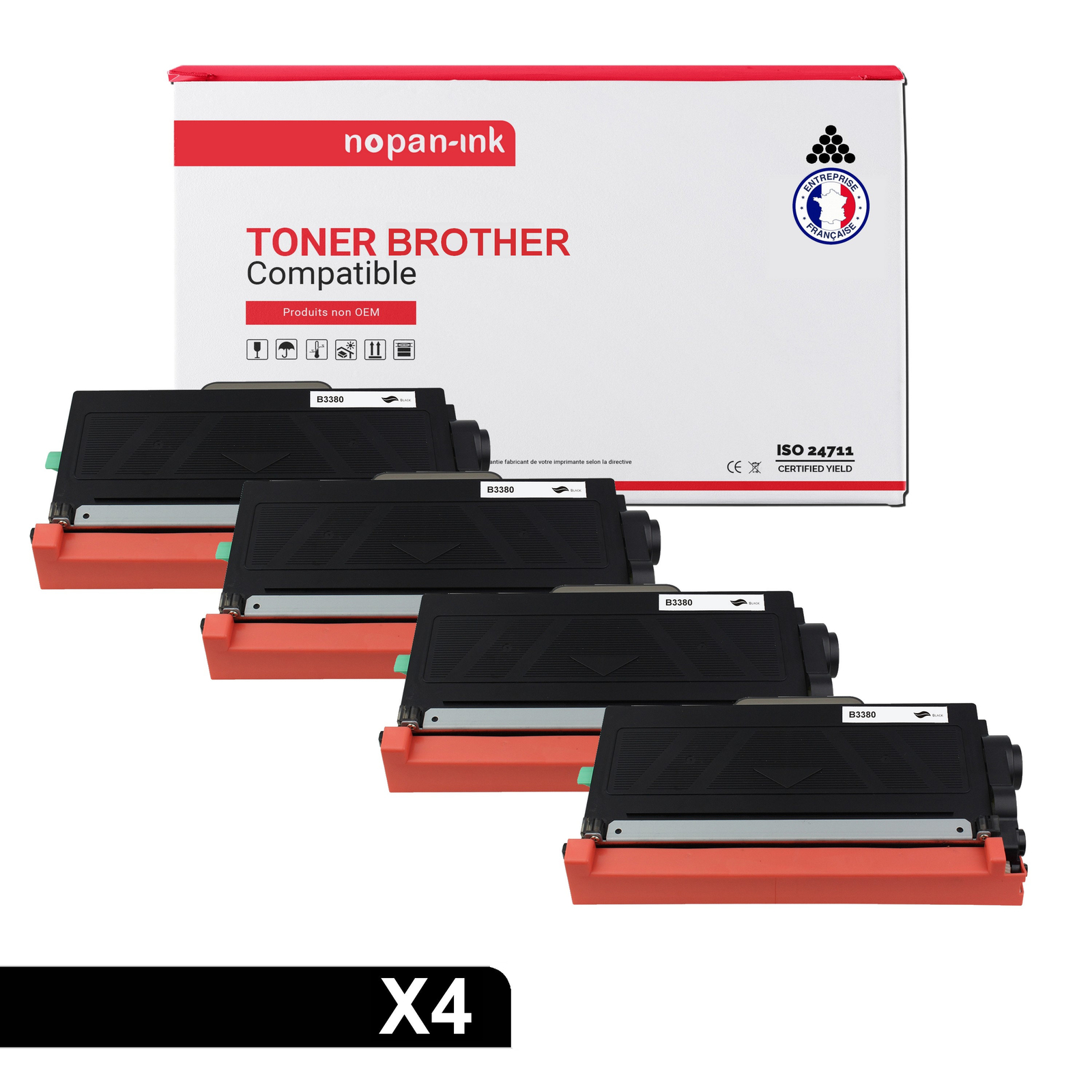 Toner TN3380 noir haute capacité NOPAN-INK compatible Brother - Impression nette lot de 4