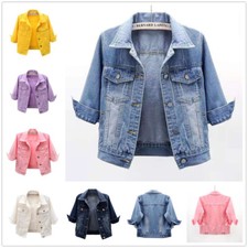 Women's Short Denim Jacket Button Closed 3/4 Sleeve Jean Jacket,With Pockets