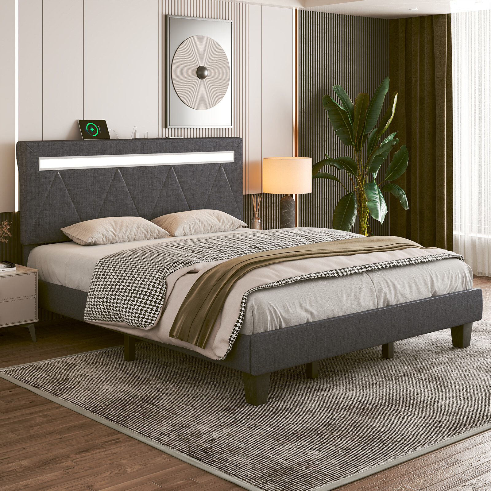 Bed Frame Full/Queen/King with Adjustable Headboard ＆ Charging Station-image