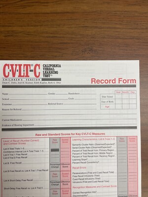 Psychology Test-California Verbal Learning Test For Children CVLT-C Record Form