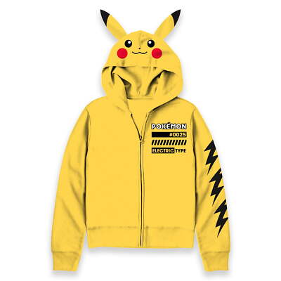 Pokemon Pika Boys Yellow Long Sleeve Full-Zip 3D Hoodie Sweatshirt Jacket: 4-18
