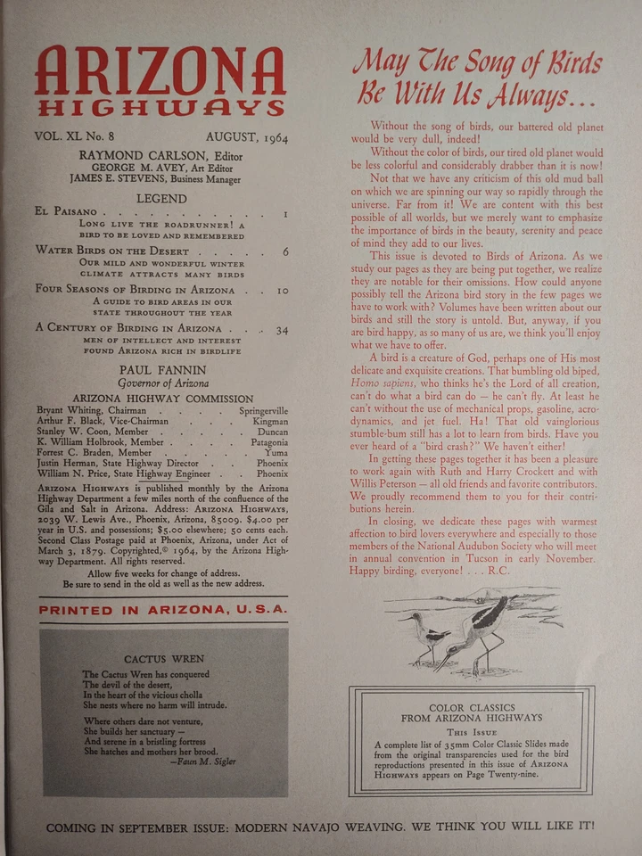 Rare ARIZONA HIGHWAYS Magazine August 1964 The Birds Of Arizona Foto 2 de 2