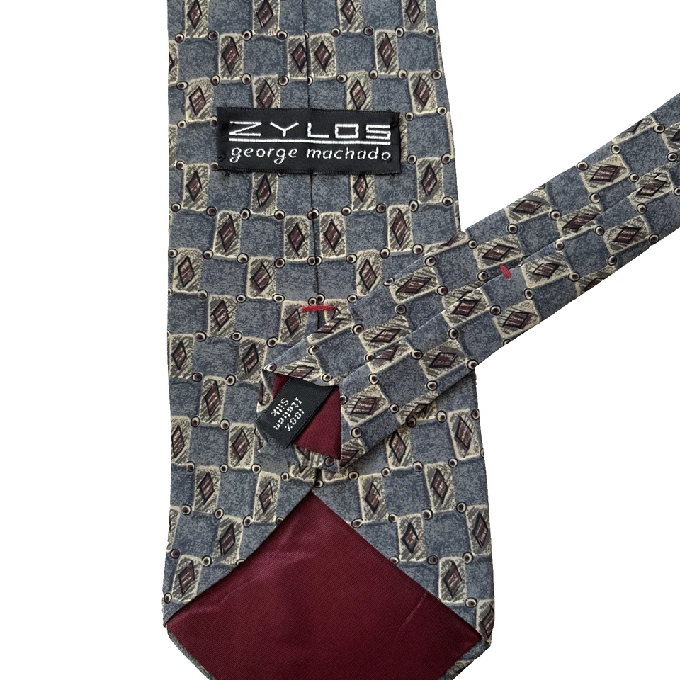 Corbata rectángulos para hombre Zylos George Machado 100 % seda gris 57x4" Foto 2 de 4