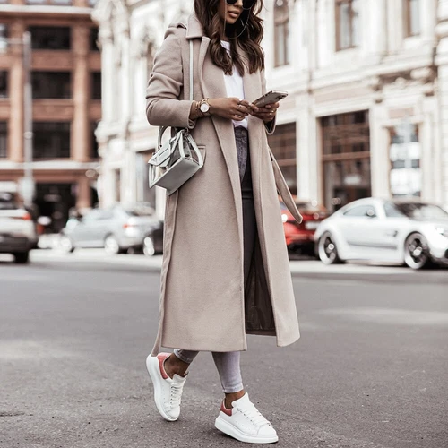 Women Trench Jacket Winter Long Windproof Lapel Belted Overcoat Outwear Coat - Bild 16 von 20