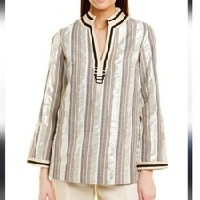 Tory Burch Cream Gold Metallic Stripe Tunic Top Split Neck Womens 8