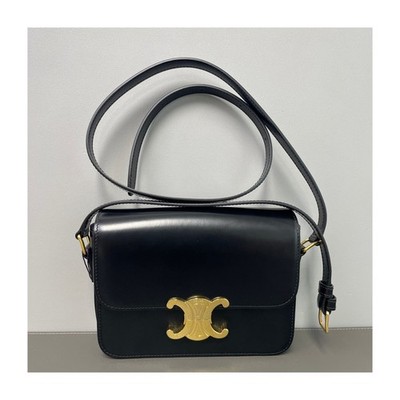 Authentic Celine Classic Triomphe Black Shiny Calfskin Gold Logo Flap Crossbody