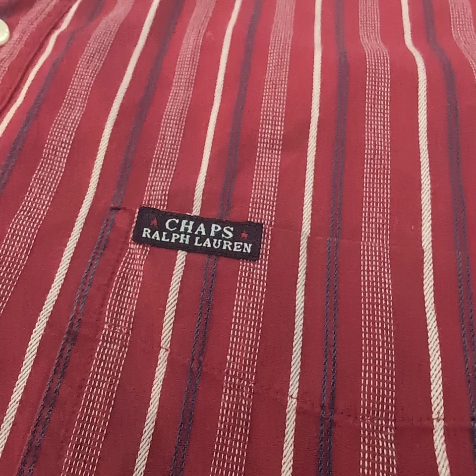 Chaps Ralph Lauren Men L T Red Striped Button Down Camp Shirt 100% Cotton A+ - Image 3 of 4