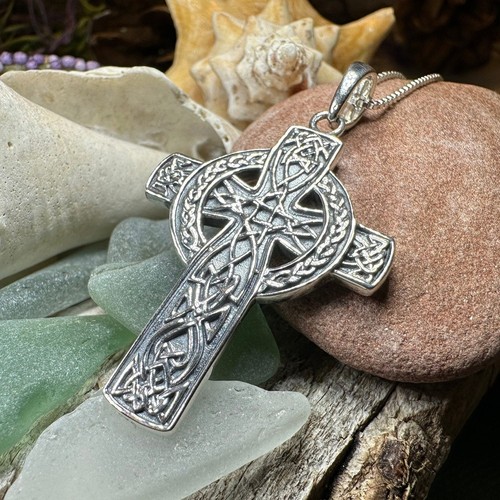 Large Celtic Cross Necklace Irish Scottish Men's Pendant 925 W/FREE CHAIN - Picture 2 of 8