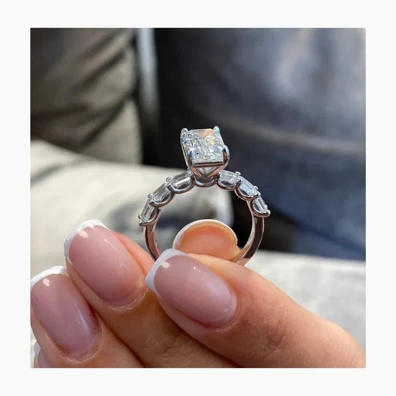 Emerald Cut Certified Moissanite Engagement Ring With Baguette Band Ring 2.50 CT - Image 3 of 4