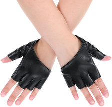 Black Leather Fingerless Gloves Half Palm Half Finger PU Leather Gloves for Wome