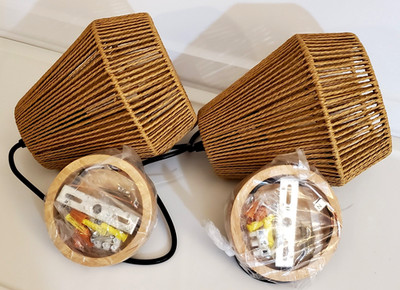 NIB Pair (2) Woven Rattan 8'' Hanging Light Fixtures with Hardware and Canopies