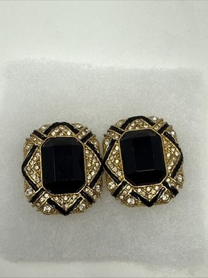 Rhinestone Earrings Clear Glass Black Acrylic Center Stone Enamel Clip On VTG