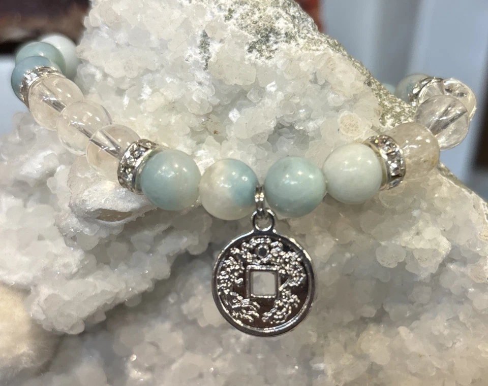 Pulseira redonda com berloque de moeda Amazonita e quartzo transparente 8 mm - Imagem 3 de 4