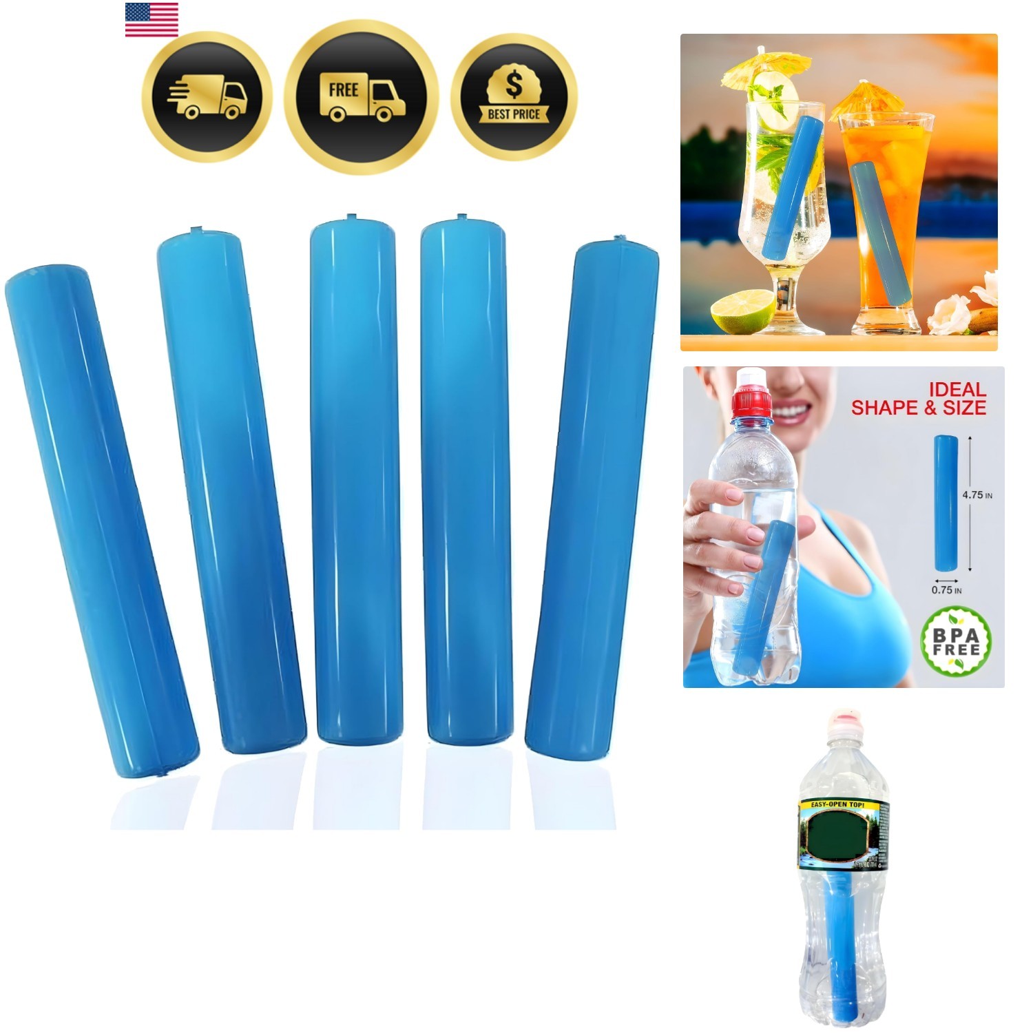Cubitos de hielo reutilizables para botellas de agua - Paquete de 5 varillas de enfriamiento congelables...