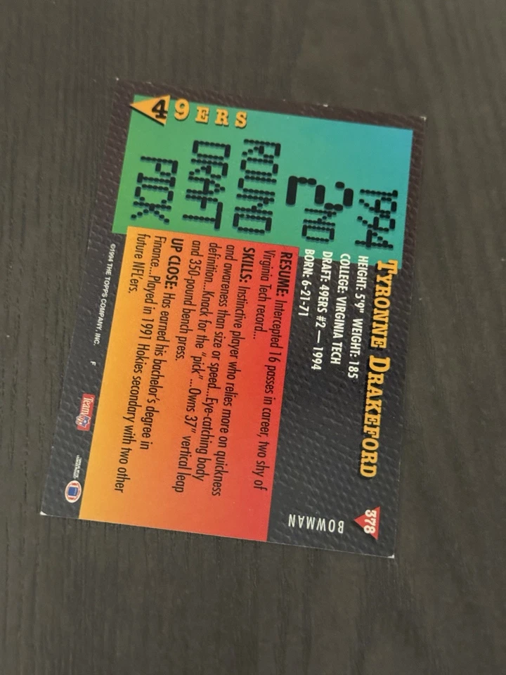 1994 Bowman #378 TYRONE DRAKEFORD Rookie RC Autographed HAND SIGNED Auto Card - Image 2 of 2