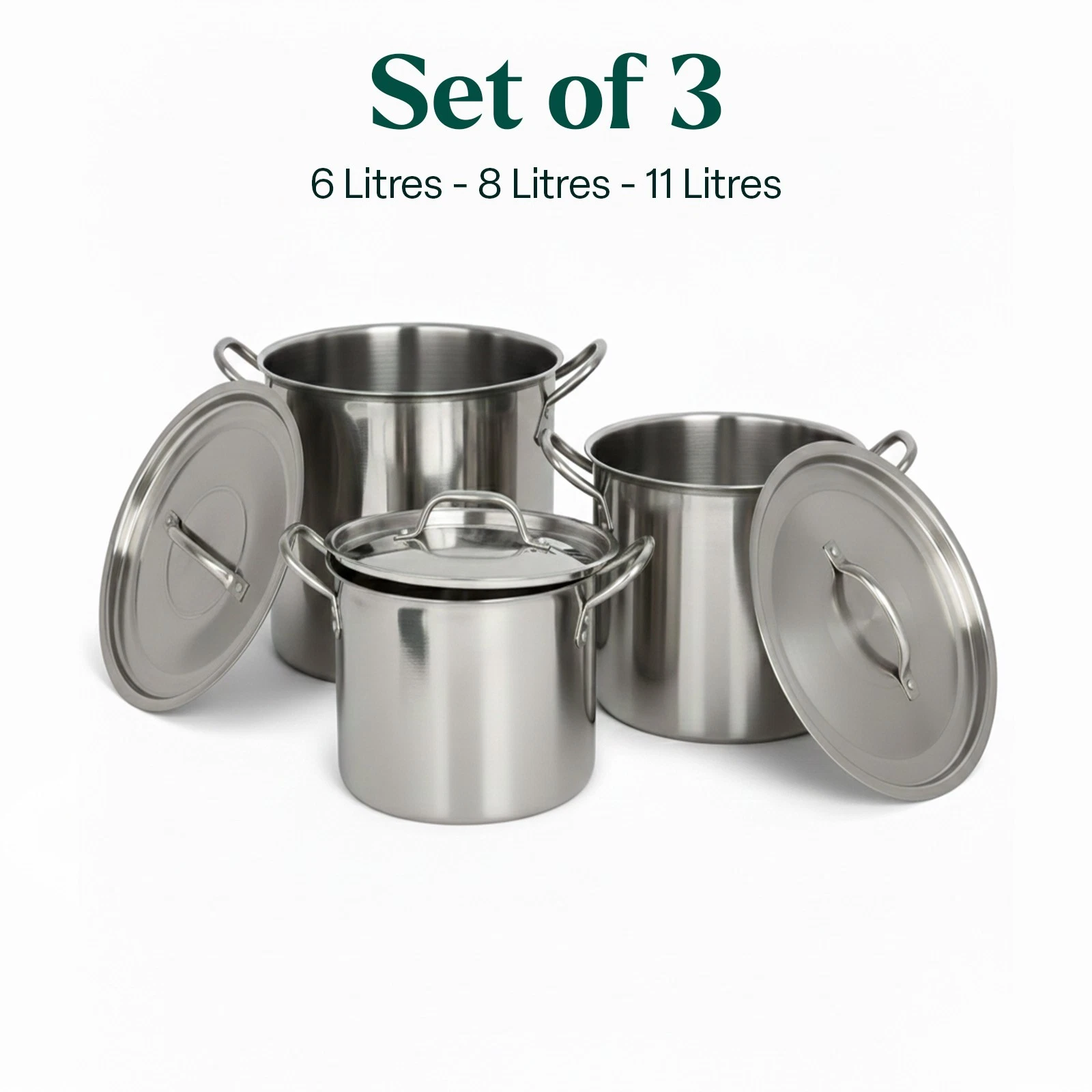 Set of 3 Deep Stainless Steel Stock Pot Vegetable Chicken Soup Stew Pan with Lid