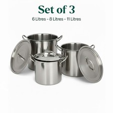 Set of 3 Deep Stainless Steel Stock Pot Vegetable Chicken Soup Stew Pan with Lid