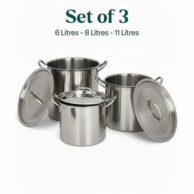 3er Set Tiefe Edelstahl Suppentopf Gemüse Huhn Suppe Eintopf Pfanne mit Deckel