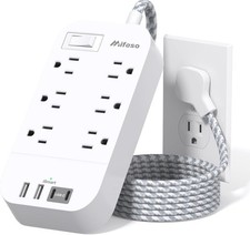 Flat Power Strip 5 FT Plug Extension Cord 6 Outlets 4 USB Ports Outlet Extender