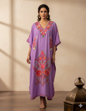 Purple Leisure Hippie Kimono Kashmiri V-Neck Georgette Kaftan Travel CaftanL-53"