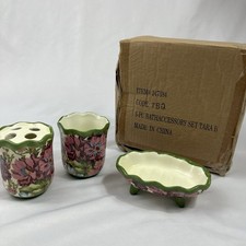 3-Pc Ceramic Bath Accessory Set Floral Tumbler Toothbrush Soap Dish w/ Box