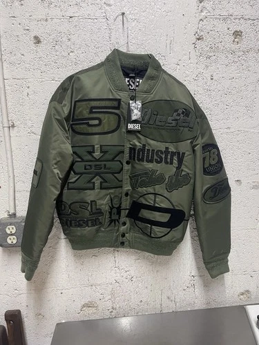 Diesel Mens Olive Green Racing-Inspired Patchwork Bomber Jacket Size M New - product listing photo