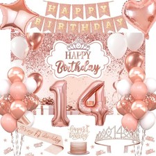 52-Piece Rose Gold Girls 14th Birthday Decoration Set Crown Sash Banner Balloons