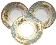 Rose China Occupied Japan Soup Bowls Blue Border Gold Trim Floral Set of 3 VTG