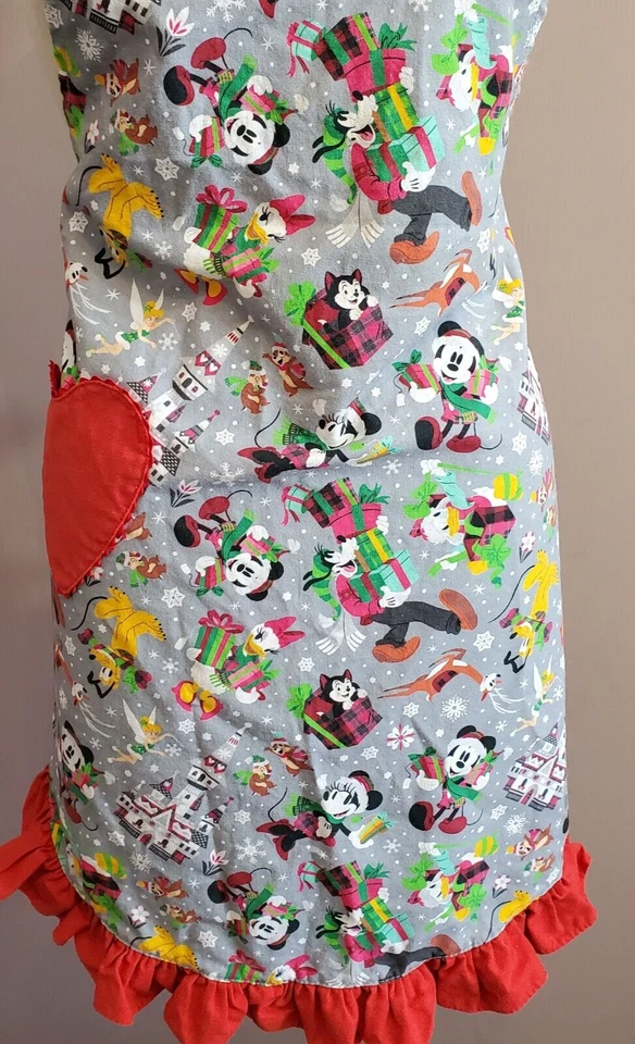 Disney Parks Christmas Apron Red Gray Ruffle Heart Pocket Cross Back Straps Full - Image 3 of 4