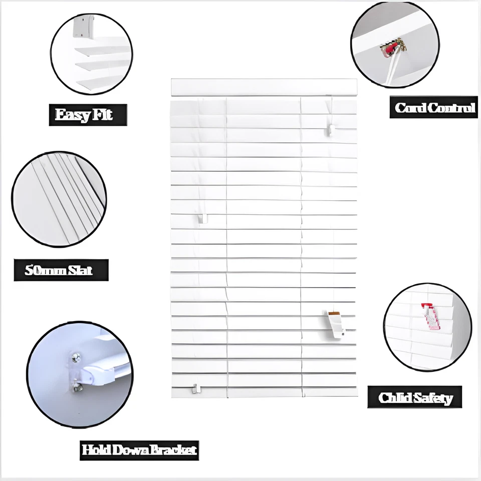 FAUX WOOD VENETIAN BLINDS 50MM WHITE WOOD WOODEN WINDOW BLIND EASY FIT TRIMABLE - Image 4 of 4