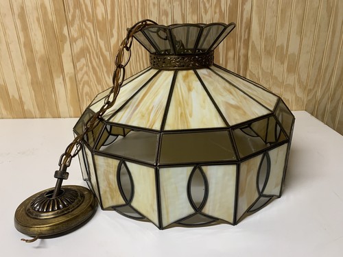 Stained Glass Hanging Lamp Slag 12-Panel Tiffany Style Pendant Cream 17.5" x 12" - Picture 2 of 15