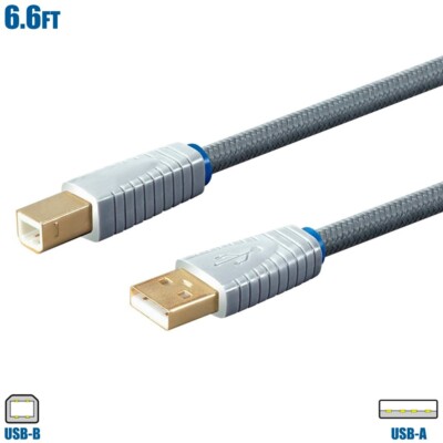 6.6FT USB Type A to Type B Digital Audio Cable Oxygen Free Copper Wire Cord Gold