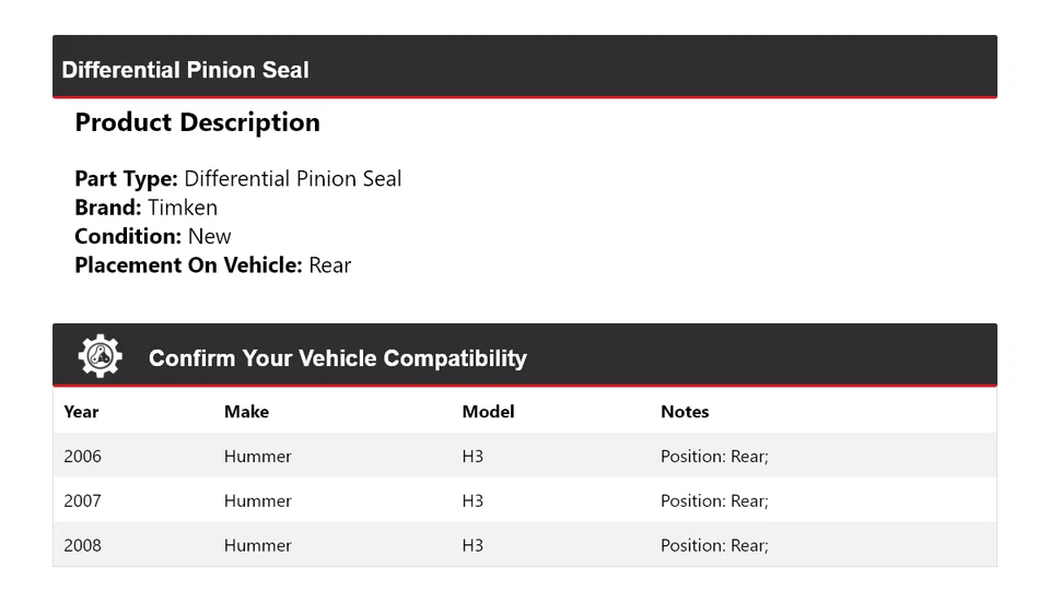 Sello de piñón diferencial trasero Timken 2007 para Hummer H3 2006-2008 Foto 2 de 4