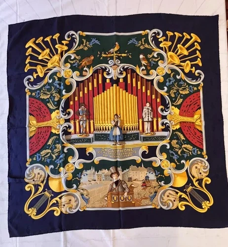 Hermès Orgauphone Paris 90 Faconnet Silk Jacquard Carre 34 x 34 Hand VTG 1996