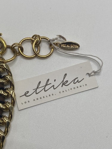 Collana catena Ettika placcata oro 18 kt con tessuto in pelle marrone nuova con etichetta. - Foto 4 di 5