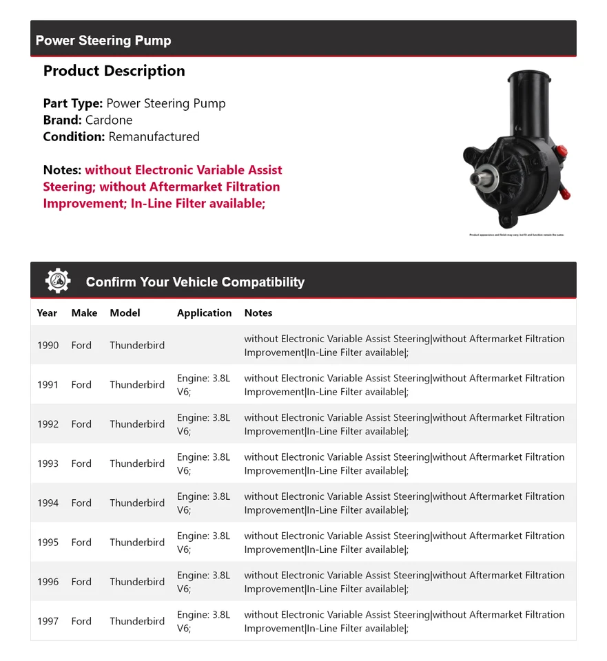 Bomba de dirección asistida Cardone para Ford Thunderbird 1990-1997 1991 1992 1993 1994 Foto 2 de 4