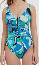  144 Profile by Gottex Women Blue Retro V Neck One Piece Swimsuit Size 8