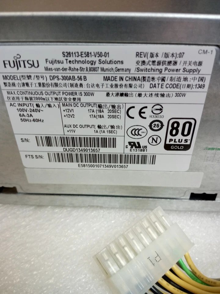 Fujitsu Primergy TX140 S2 Power Supply DPS-300AB 56B 300W S26113-E581-V50-01 80plus - Image 3 of 3