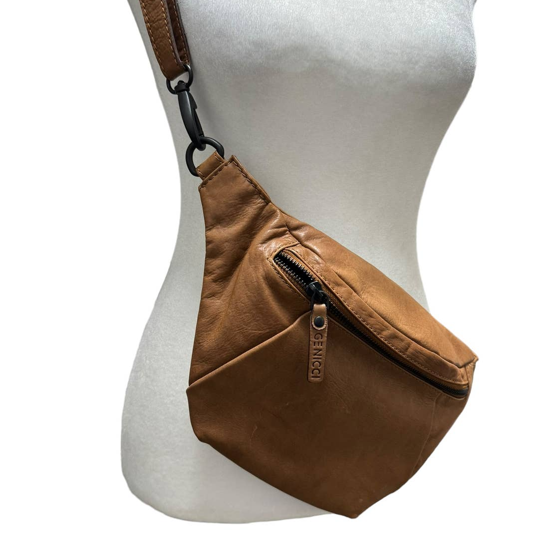 GENICCI Sasha Cognac Genuine Leather Waist Bag Fanny Pack Crossbody Bag
