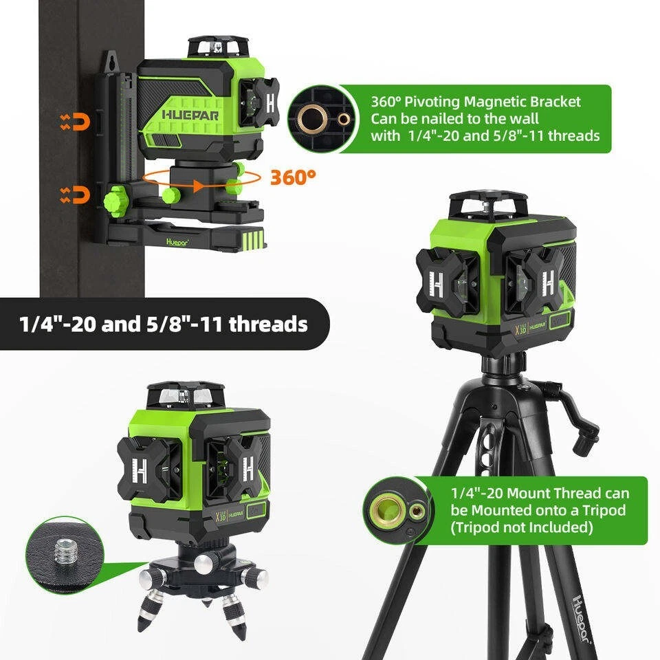 Huepar Z03CG 3D Green Beam Self-Leveling 3x360 Cross Line Laser Level - Image 4 of 4