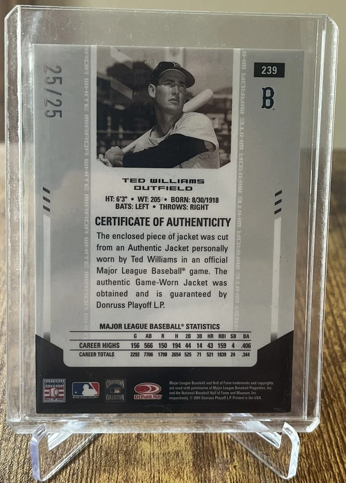 Parche reliquia de materiales certificados hoja Ted Williams 2004 serie #d 25/25 Medias Rojas Foto 2 de 3