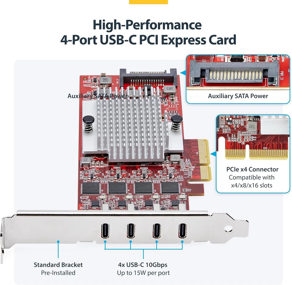 New - StarTech.com 4-Port USB-C 10Gbps PCIe Card, 4X Independent USB 3.2 - Image 3 of 4