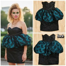 VINTAGE 80s ZUM ZUM Size 7/8 Prom Dress Black Teal Lace Bubble Peplum Strapless