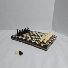 Inlaid Wood Marquetry Travel Chess Game Board & Pieces Mini Folding Vintage MCM