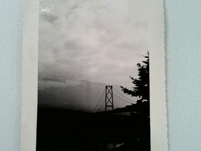 Black and White Photo of Suspension Bridge with Tree Silhouette and Cloudy Sky