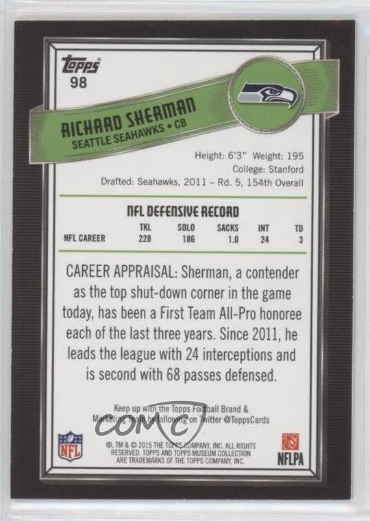 2015 Topps Museum Collection 60th Anniversary /60 Richard Sherman #98 - Image 2 of 2