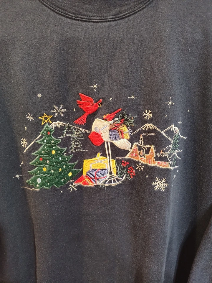 Suéter de invierno vintage para mujer pequeño Bobbie Brooks vacaciones azul marino con ribete gris Foto 2 de 3